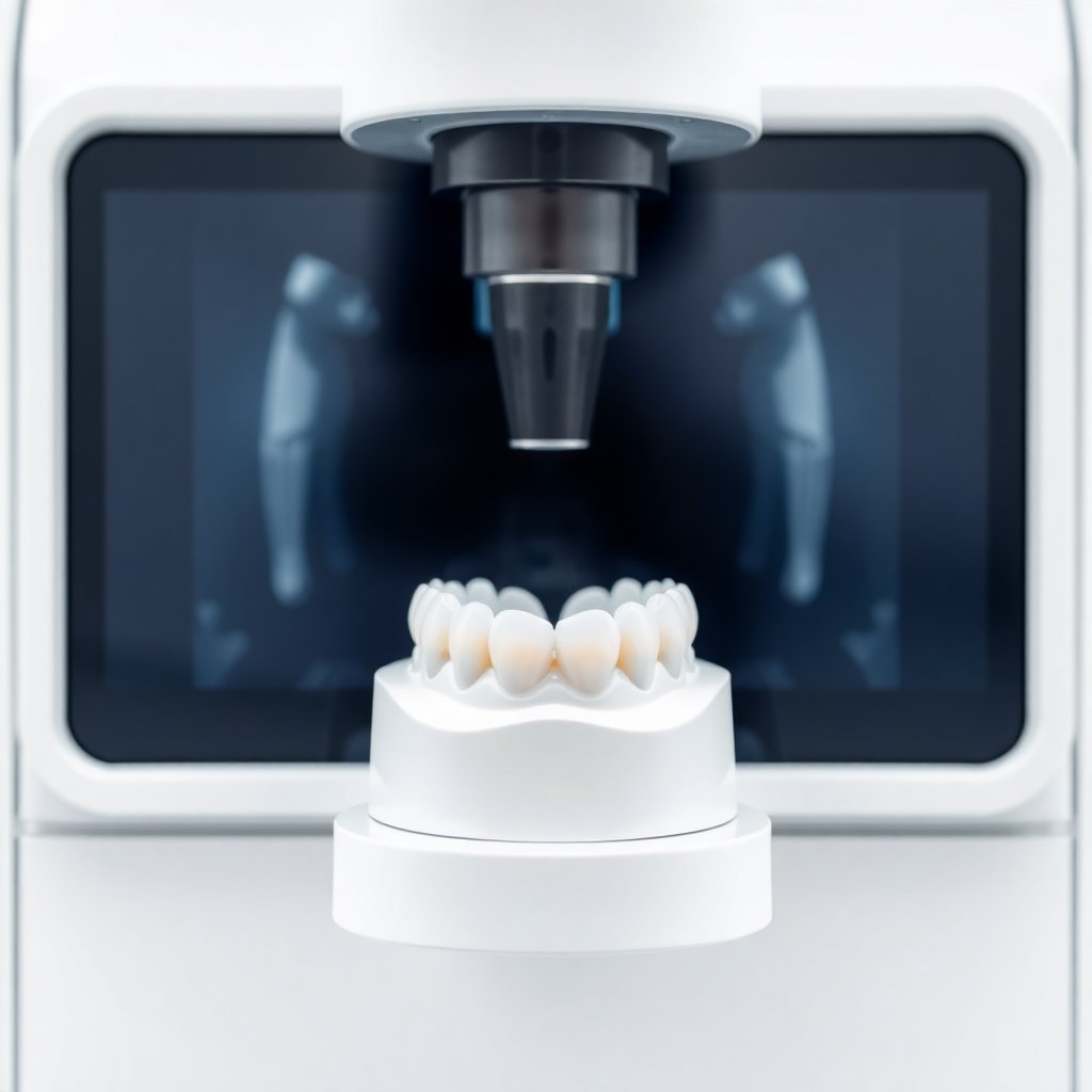 Close-up of a high-tech CEREC dental milling machine or a dental laser device, professional medical photography, clean white background, focus on technology, sleek medical design