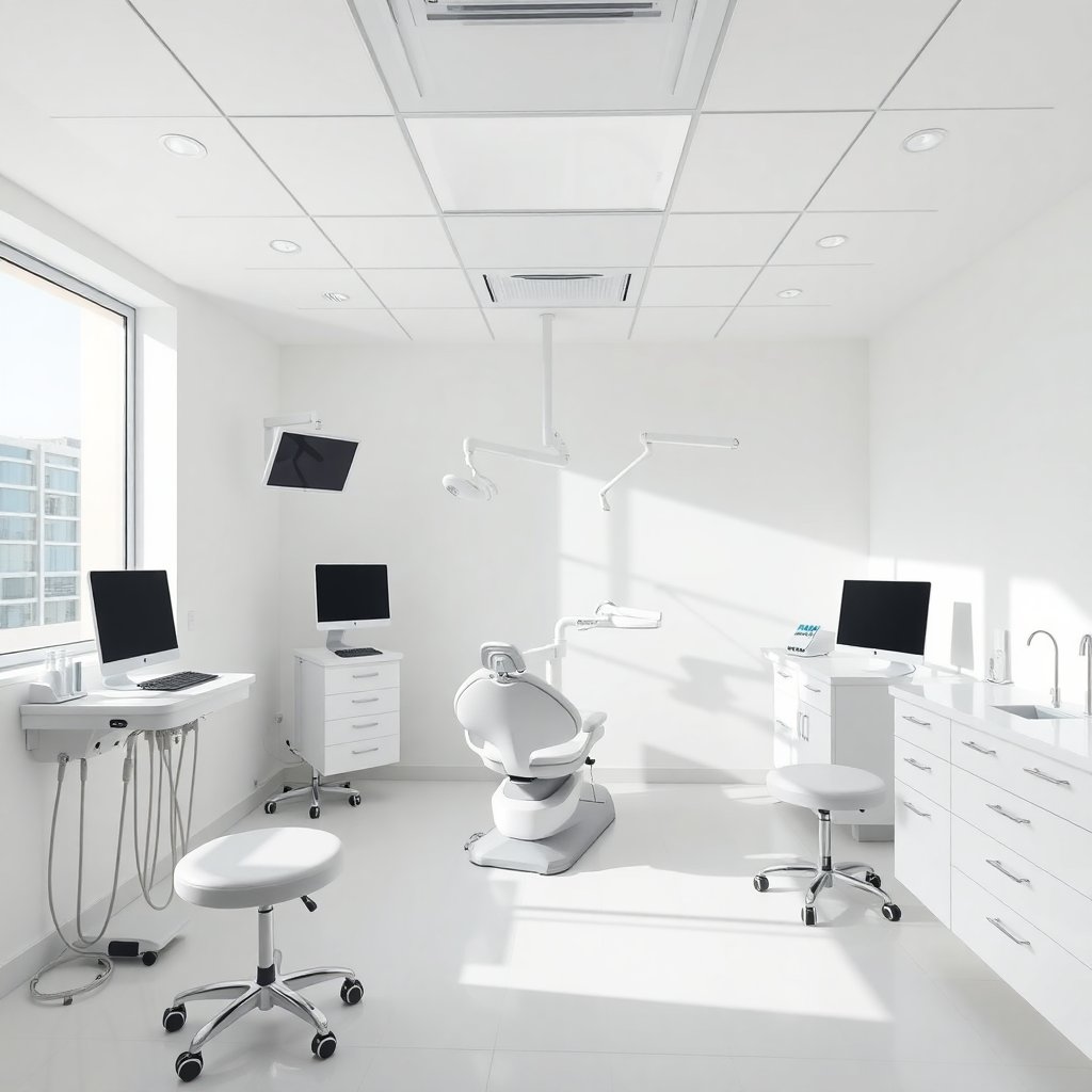 High-end modern dental office interior, bright and clean, professional medical equipment, soft natural lighting, minimalist aesthetic, premium feel, 4:5 aspect ratio